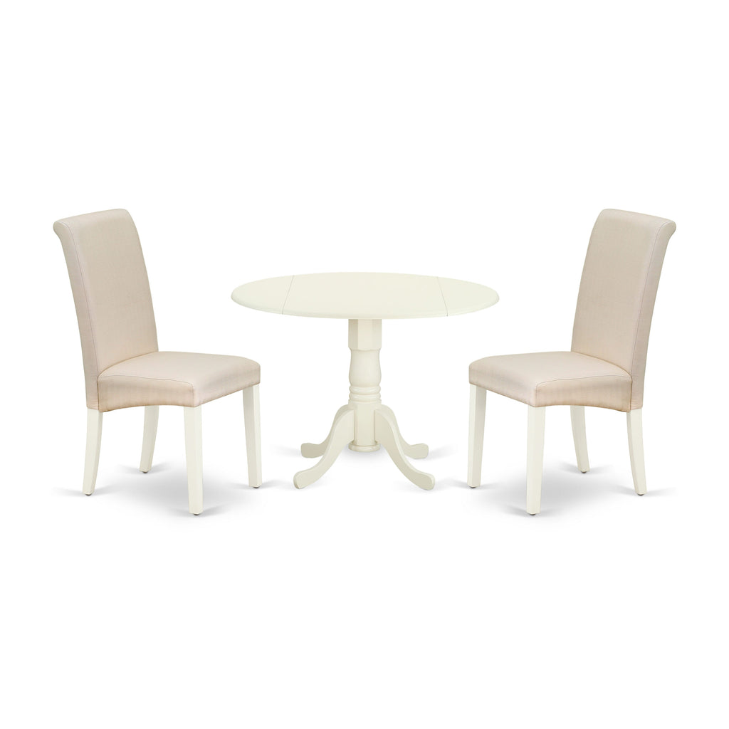 DLBA3-IHX-RQ 3-Piece Dining Set with Round Dropleaf Wood Table & 2 Cream Fabric Upholstered Chairs, 42 Linen White