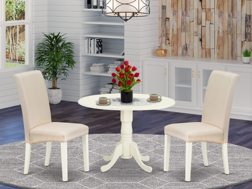 DLBA3-IHX-RQ 3-Piece Dining Set with Round Dropleaf Wood Table & 2 Cream Fabric Upholstered Chairs, 42 Linen White
