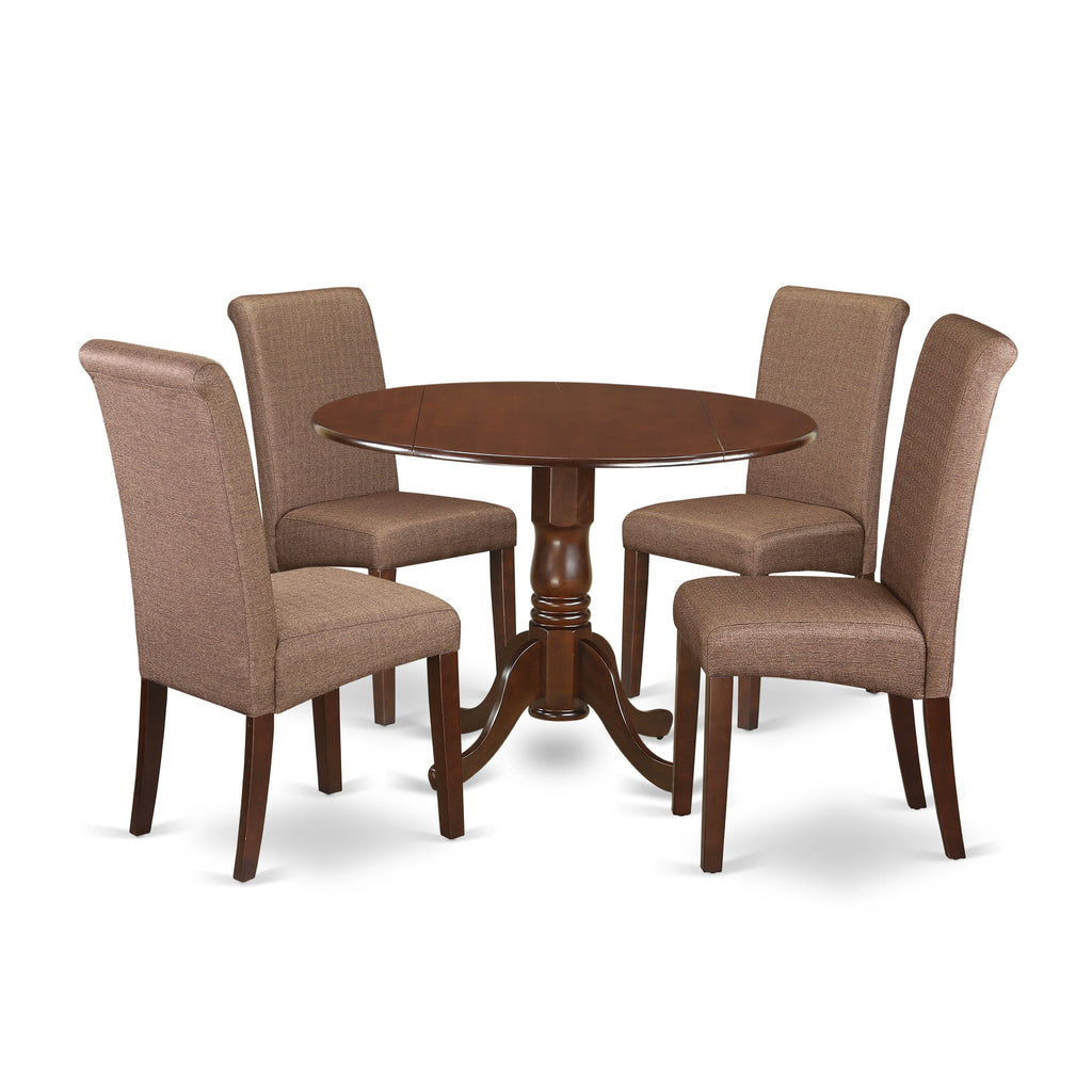 DLBA5-ROE-J9 5-Piece Dining Ensemble Dropleaf Round Table & 4 Parson Chairs, 42 Brown Elegance