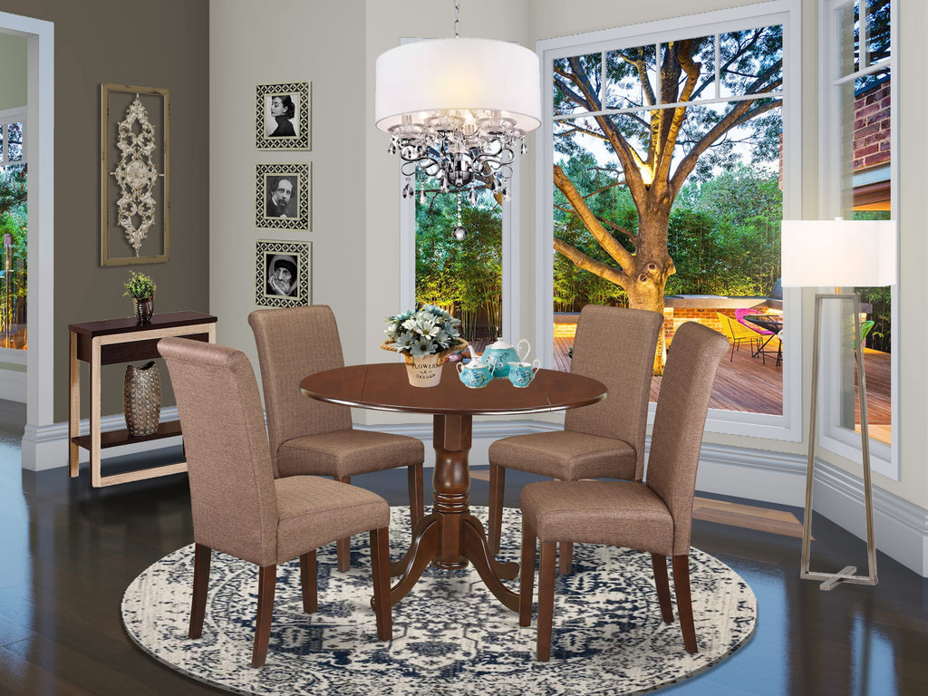 DLBA5-ROE-J9 5-Piece Dining Ensemble Dropleaf Round Table & 4 Parson Chairs, 42 Brown Elegance