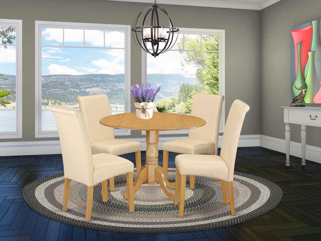 Explore the DLBA5-FQF-2G 5-Piece Set with Spacious Dropleaf Round Table & Beige Linen Chairs
