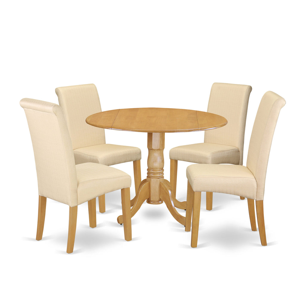 Explore the DLBA5-FQF-2G 5-Piece Set with Spacious Dropleaf Round Table & Beige Linen Chairs