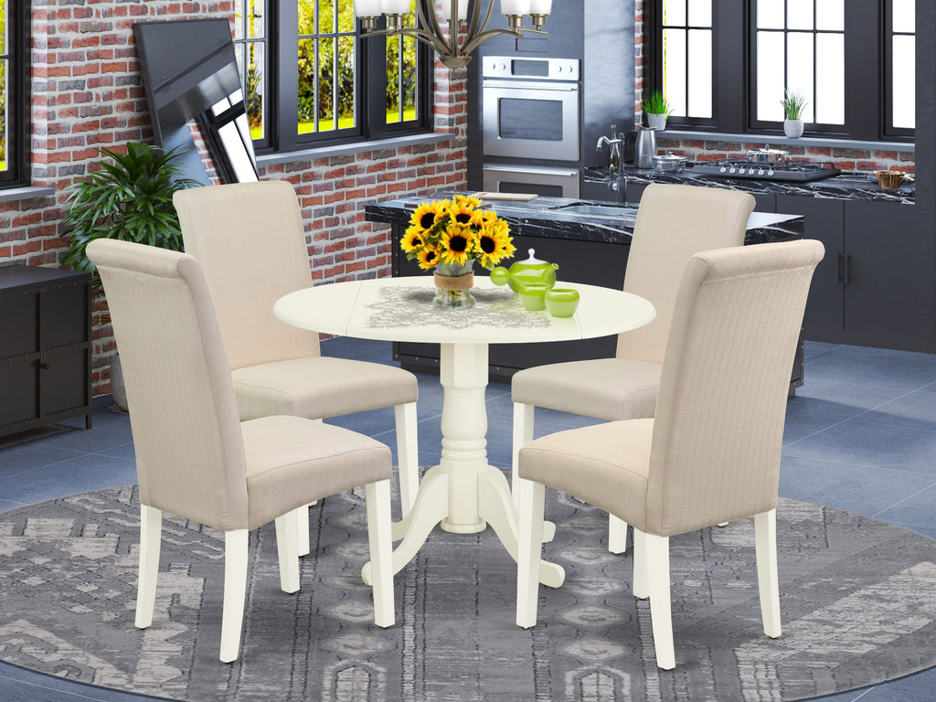 DLBA5-OM6-W6 Deluxe 5-Piece Set with Stylish Round Dining Table and Parson Chairs in Cream Fabric, 42-Inch