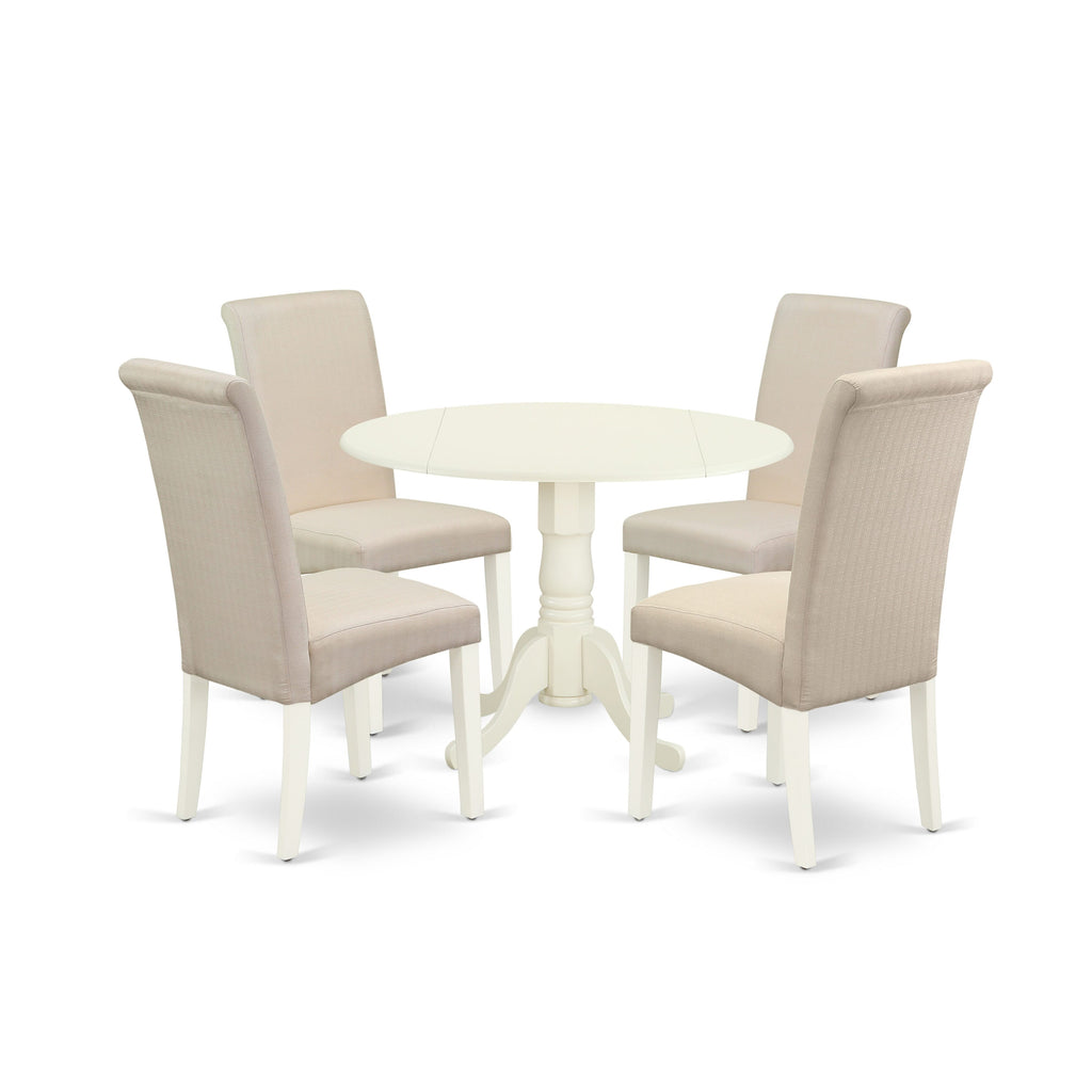 DLBA5-OM6-W6 Deluxe 5-Piece Set with Stylish Round Dining Table and Parson Chairs in Cream Fabric, 42-Inch