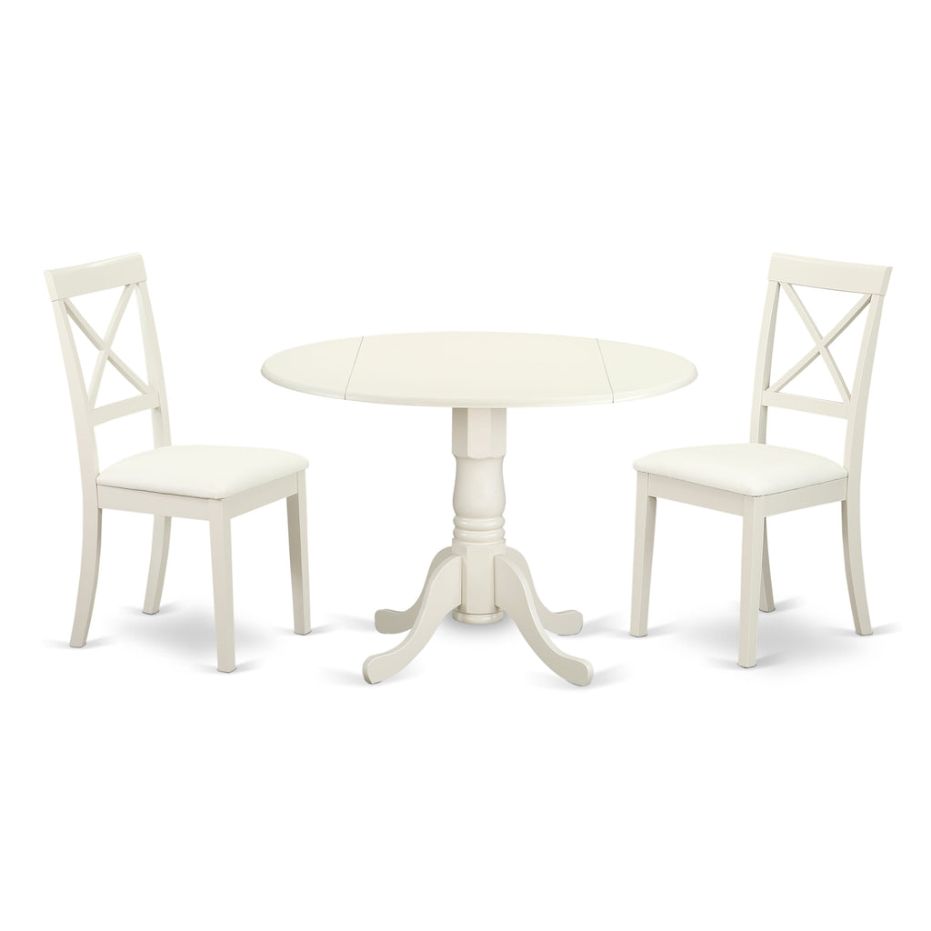 DLBO3-8KQ-AV 3-Piece Dining Ensemble with Round Drop Leaf Table & Two Stylish Faux Leather Chairs, Linen White Finish