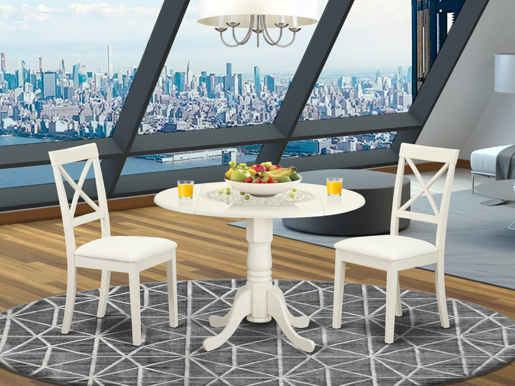 DLBO3-8KQ-AV 3-Piece Dining Ensemble with Round Drop Leaf Table & Two Stylish Faux Leather Chairs, Linen White Finish