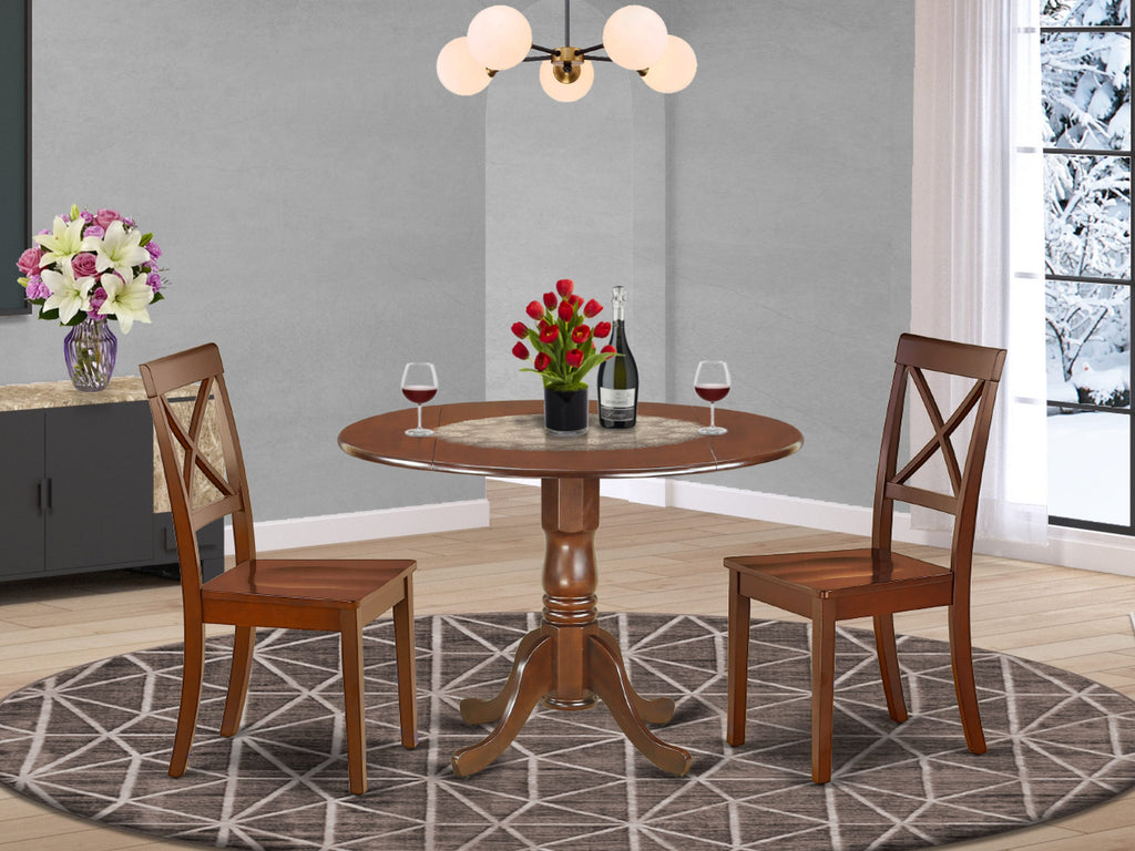 DLBO3-DBH-U 3-Piece Dining Collection with Round Wood Table, Dropleaf Feature, and Two Chairs, in Deep Brown