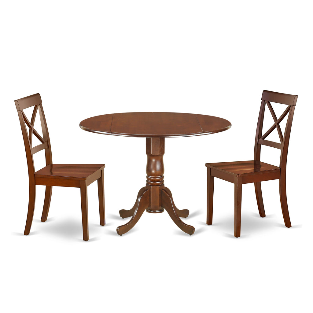 DLBO3-DBH-U 3-Piece Dining Collection with Round Wood Table, Dropleaf Feature, and Two Chairs, in Deep Brown