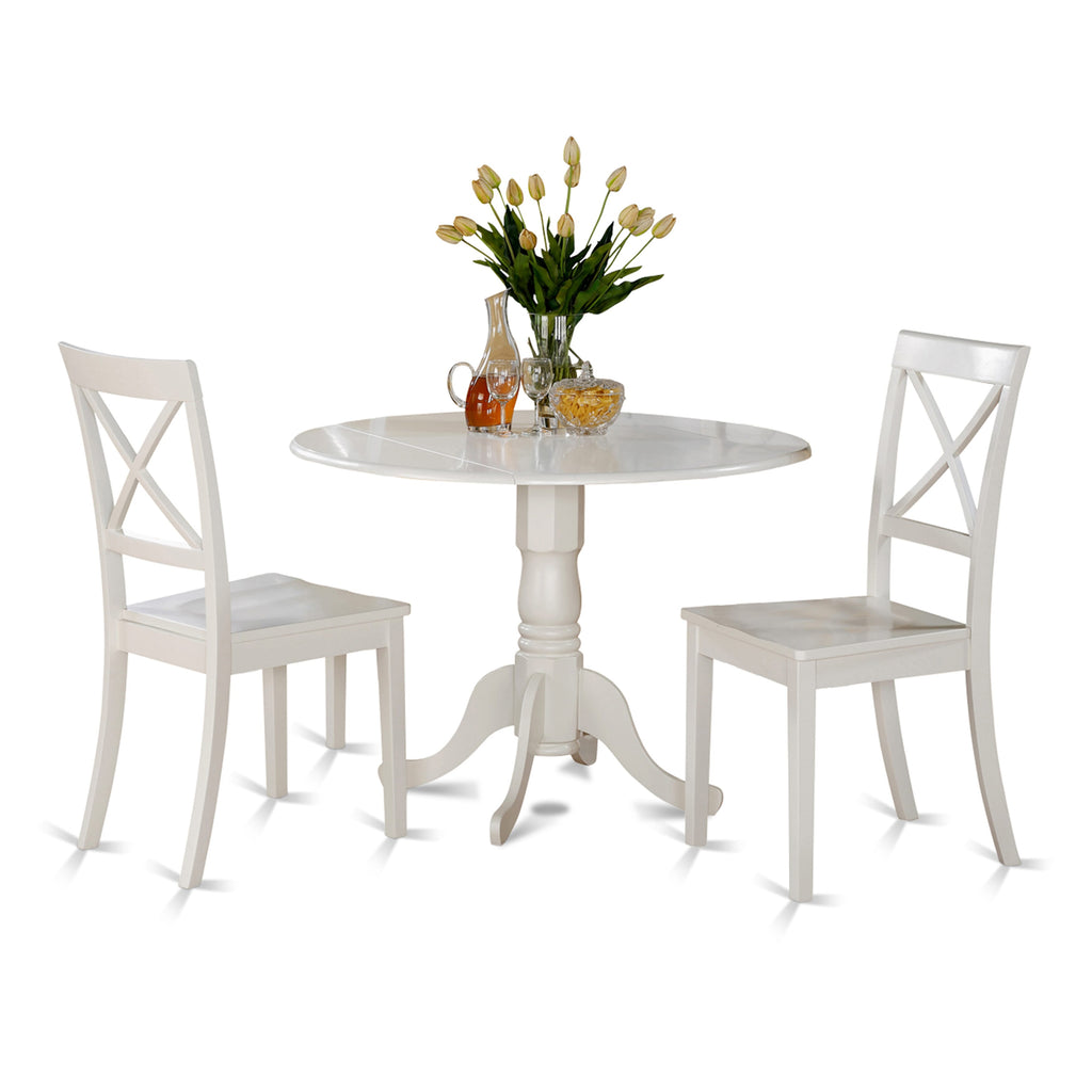 DLBO3-RWV-M Compact 3-Piece Dining Set Foldable Round Table & Dual Chairs in Linen White, 42