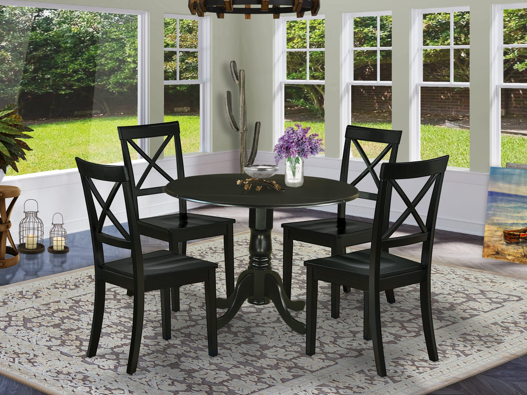 DLBO5-ZUL-3 Modern 5-Piece Dining Ensemble Round Table with Dropleaf and 4 Elegant Chairs, Black Finish 42x42