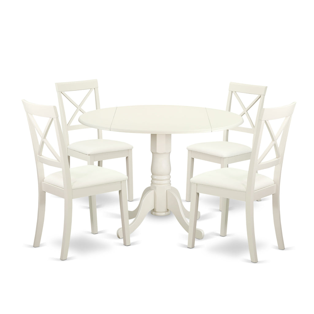 DLBO5-S8J-9K Elegant 5-Piece White Dining Set with Round Dropleaf Table & Upholstered Chairs