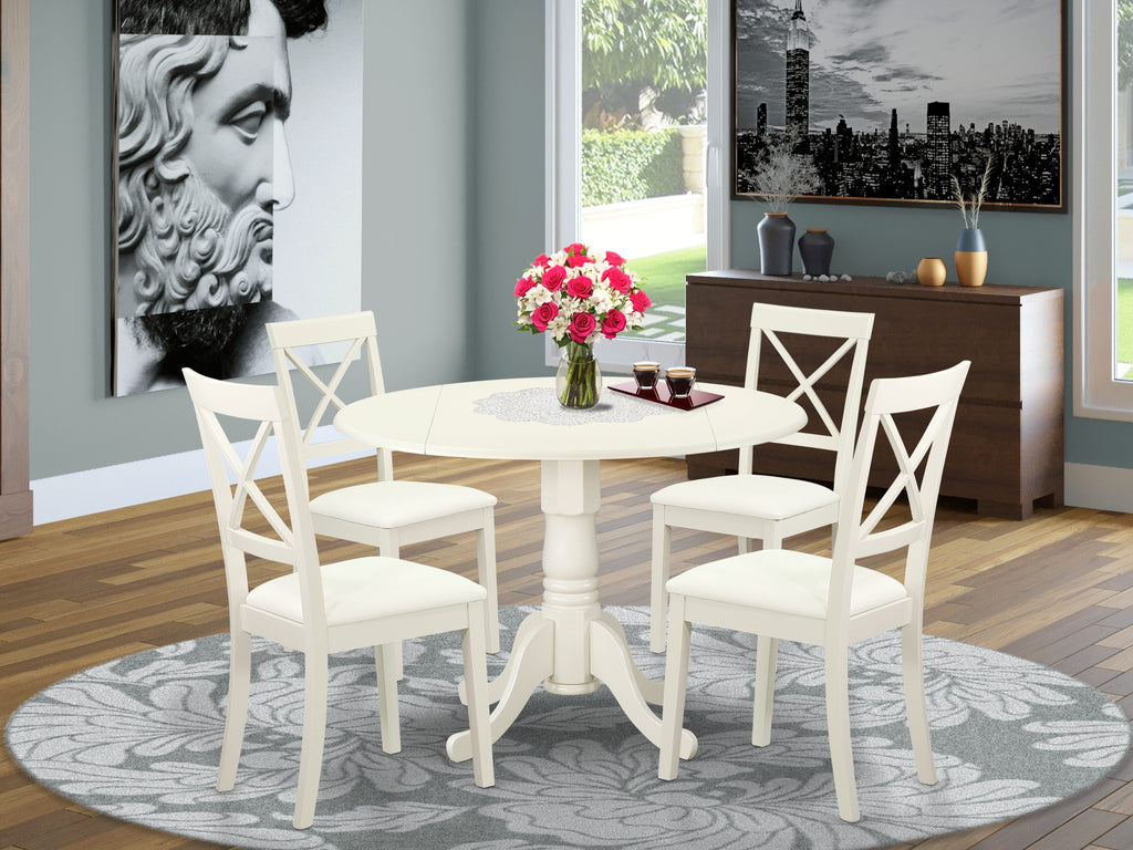 DLBO5-S8J-9K Elegant 5-Piece White Dining Set with Round Dropleaf Table & Upholstered Chairs