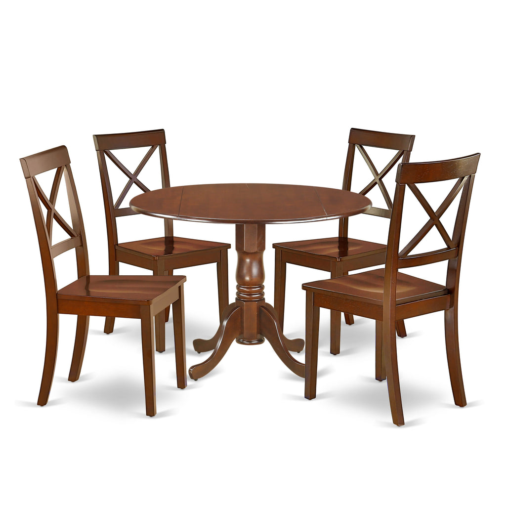DLBO5-WDC-Y Elegant 5-Piece Dining Ensemble with Round Drop Leaf Table and 4 Wooden Seats, 42x42 Mahogany