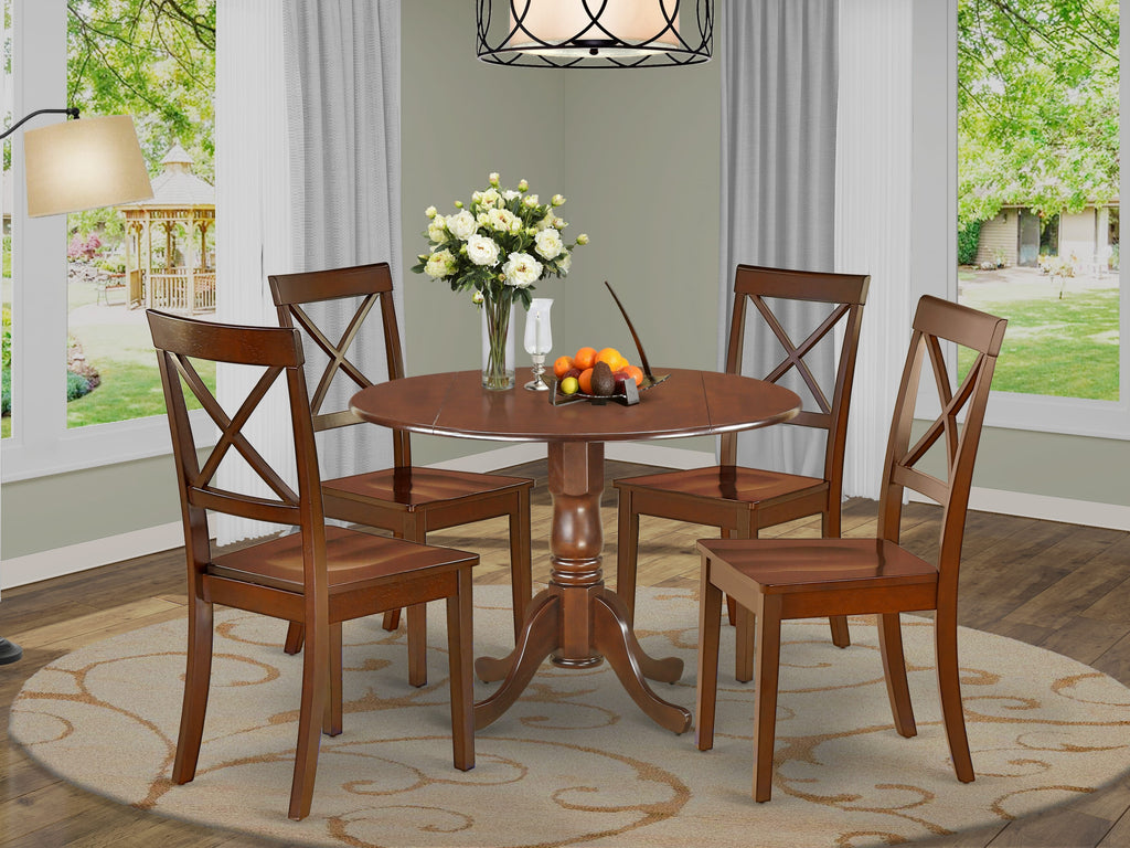 DLBO5-WDC-Y Elegant 5-Piece Dining Ensemble with Round Drop Leaf Table and 4 Wooden Seats, 42x42 Mahogany