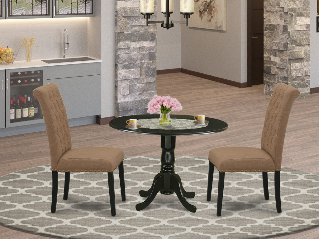 This 3-Piece Dining Set DLBR3-RS9-DX with Round Dropleaf Table & 2 Light Sable Upholstered Chairs, 42x42 Inch