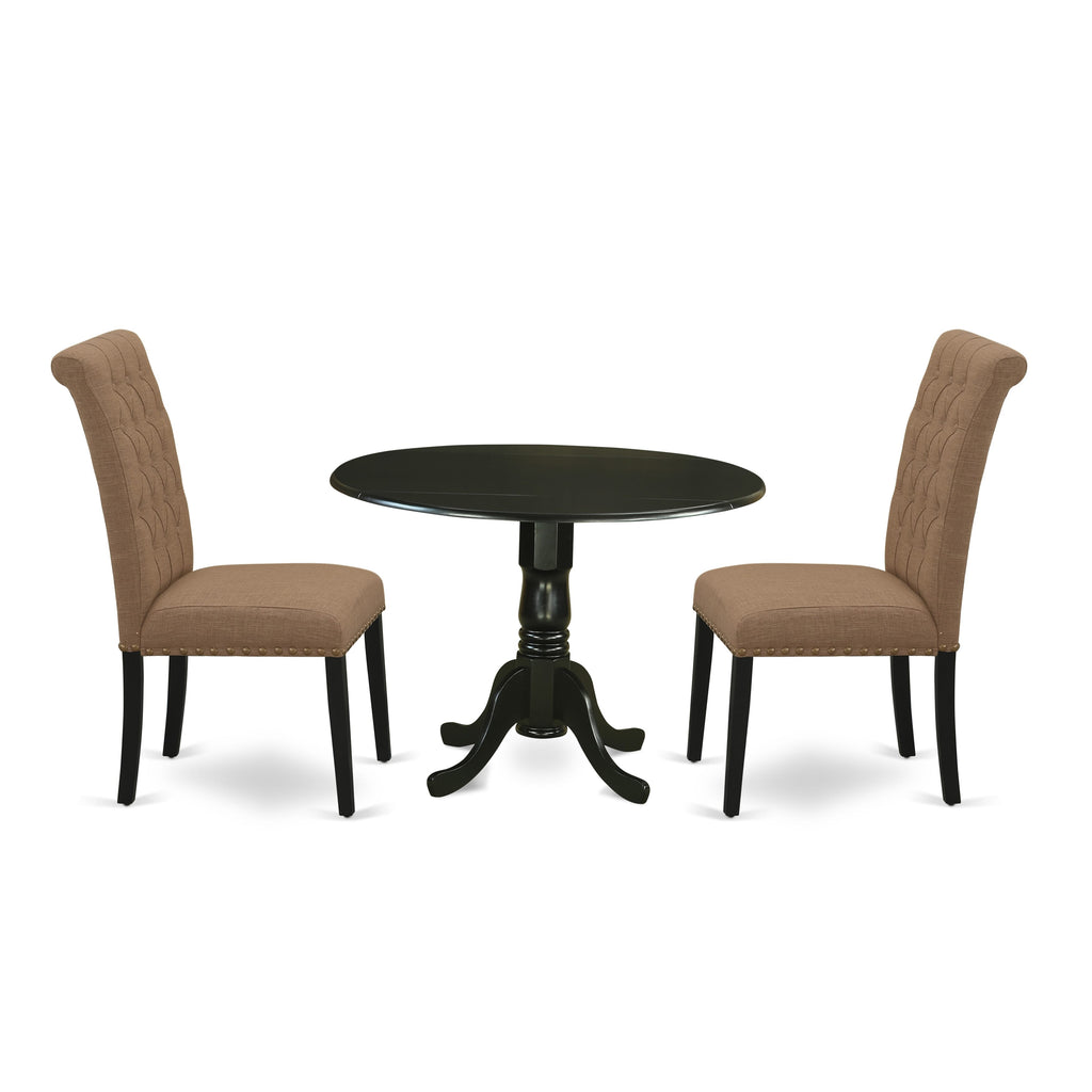 This 3-Piece Dining Set DLBR3-RS9-DX with Round Dropleaf Table & 2 Light Sable Upholstered Chairs, 42x42 Inch