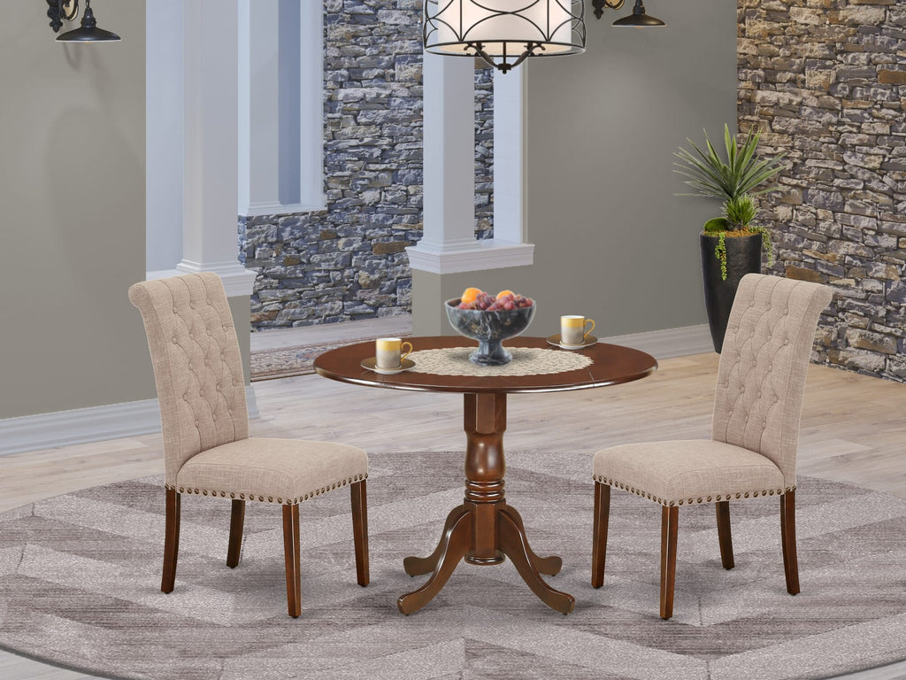DLBR3-LFI-XL 3 Piece Dining Set with Round Table & Two Tan Linen Chairs, 42 Mahogany Finish