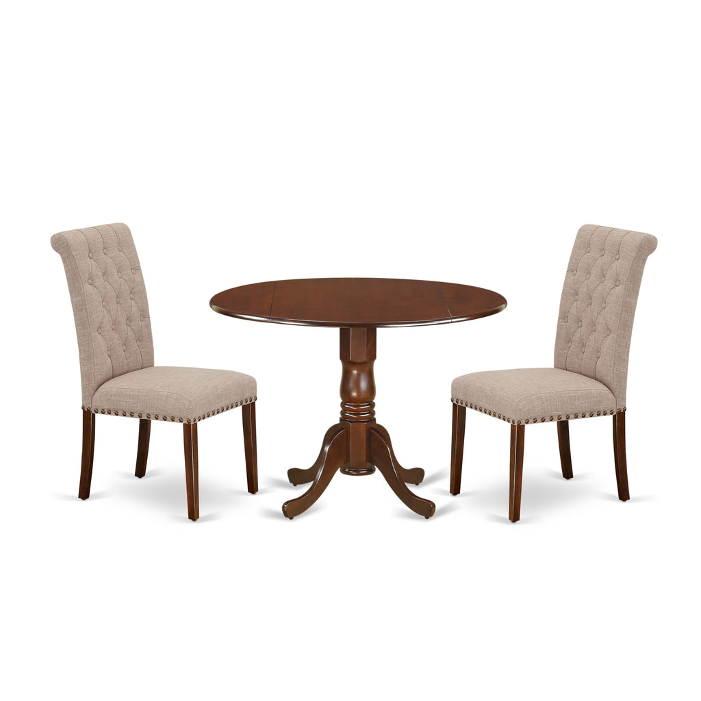 DLBR3-LFI-XL 3 Piece Dining Set with Round Table & Two Tan Linen Chairs, 42 Mahogany Finish