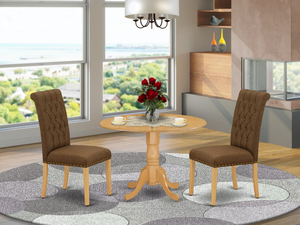 DLBR3-W68-ZN 3-Piece Dining Set Round Drop-leaf Table & 2 Upholstered Chairs with Brown Linen, Oak Finish