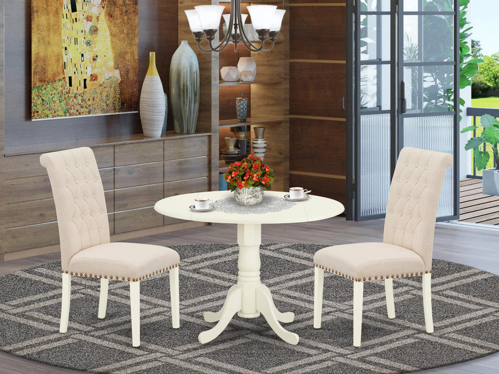 DLBR3-1Y3-PB 3-Piece Circular Kitchen Set with Dropleaf Table and Pair of Linen Chairs in Soft Beige