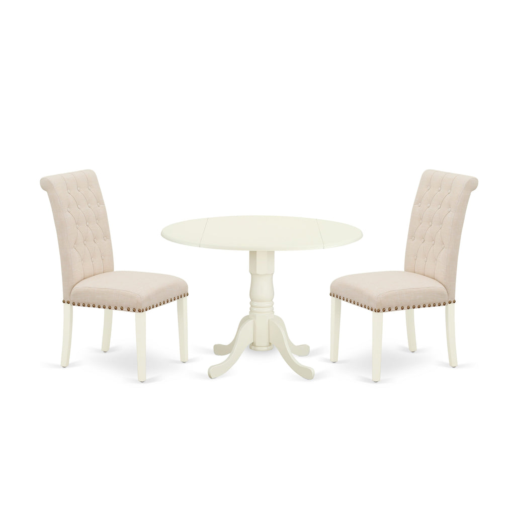 DLBR3-1Y3-PB 3-Piece Circular Kitchen Set with Dropleaf Table and Pair of Linen Chairs in Soft Beige