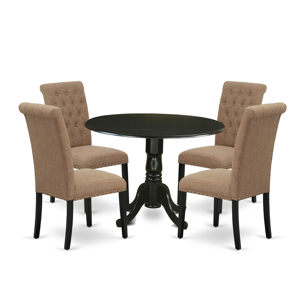 DLBR5-L8V-OJ Dining Ensemble with Drop Leaf Table and 4 Parsons Chairs in Luxe Linen, 42x42, Black Finish
