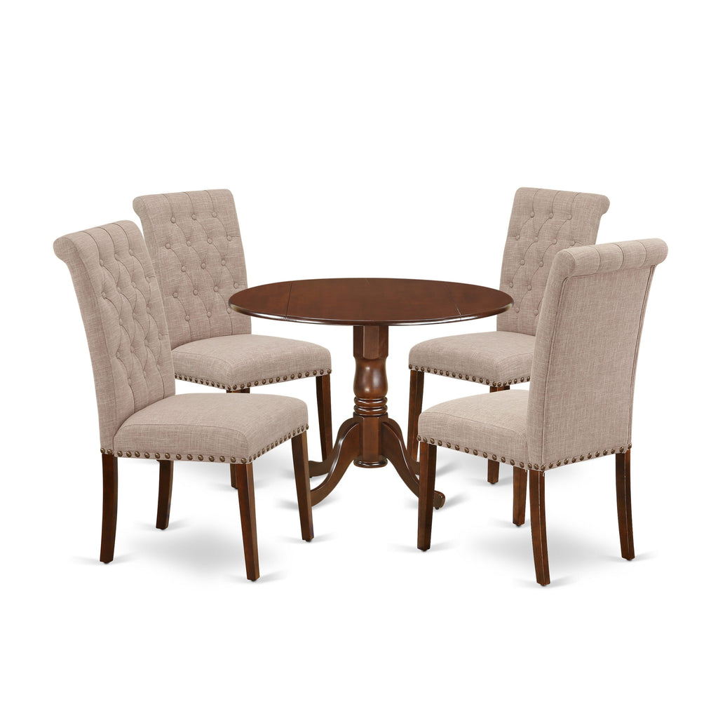 DLBR5-55N-NV 5-Piece Round Dining Table Set with Dropleaf and 4 Light Tan Fabric Chairs, 42x42 Inch Mahogany