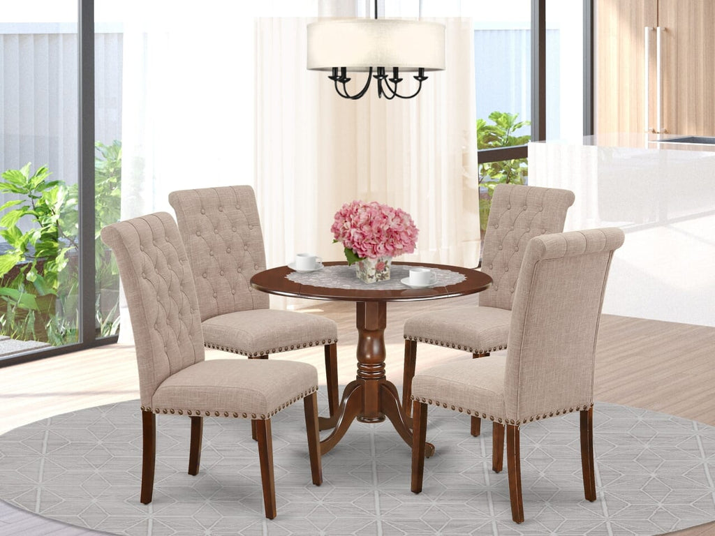 DLBR5-55N-NV 5-Piece Round Dining Table Set with Dropleaf and 4 Light Tan Fabric Chairs, 42x42 Inch Mahogany