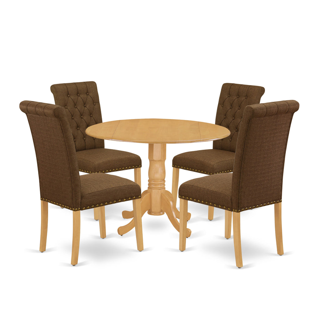 DLBR5-7LH-3I 5-Piece Set with Round Drop Leaf Table & 4 Linen-Seated Chairs, 42x42 in, Oak Finish