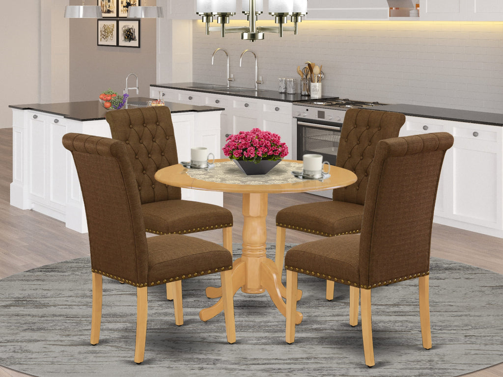DLBR5-7LH-3I 5-Piece Set with Round Drop Leaf Table & 4 Linen-Seated Chairs, 42x42 in, Oak Finish