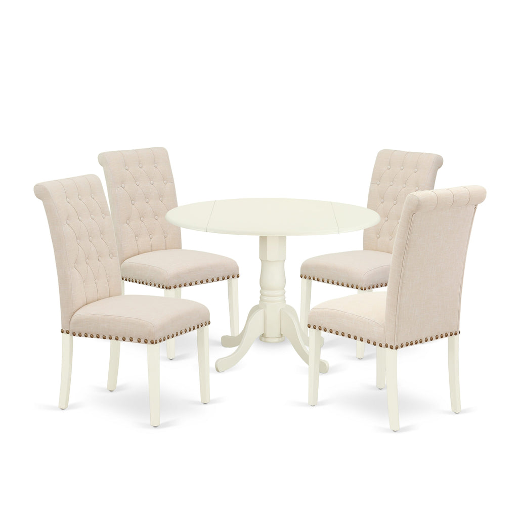 DLBR5-WRZ-87 5-Piece Set Round Table with Dropleaf & 4 Beige Upholstered Seats, White Finish, 42