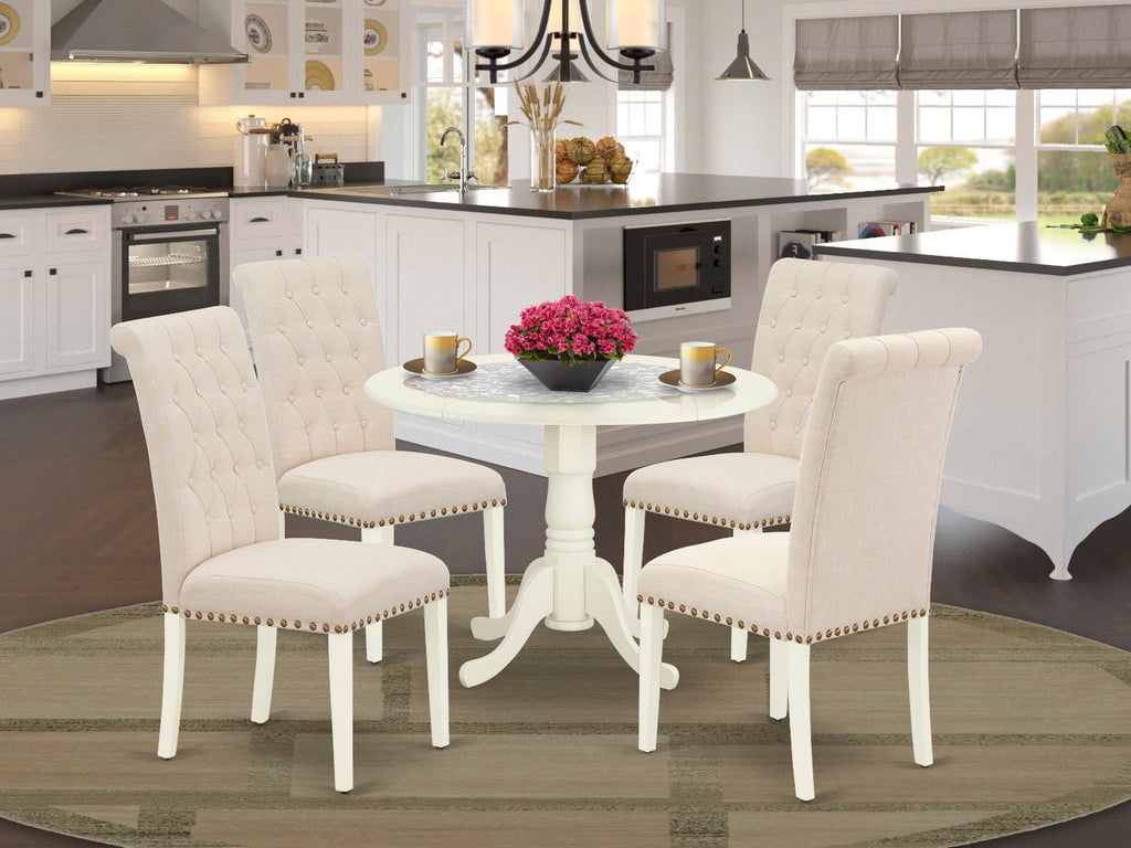 DLBR5-WRZ-87 5-Piece Set Round Table with Dropleaf & 4 Beige Upholstered Seats, White Finish, 42