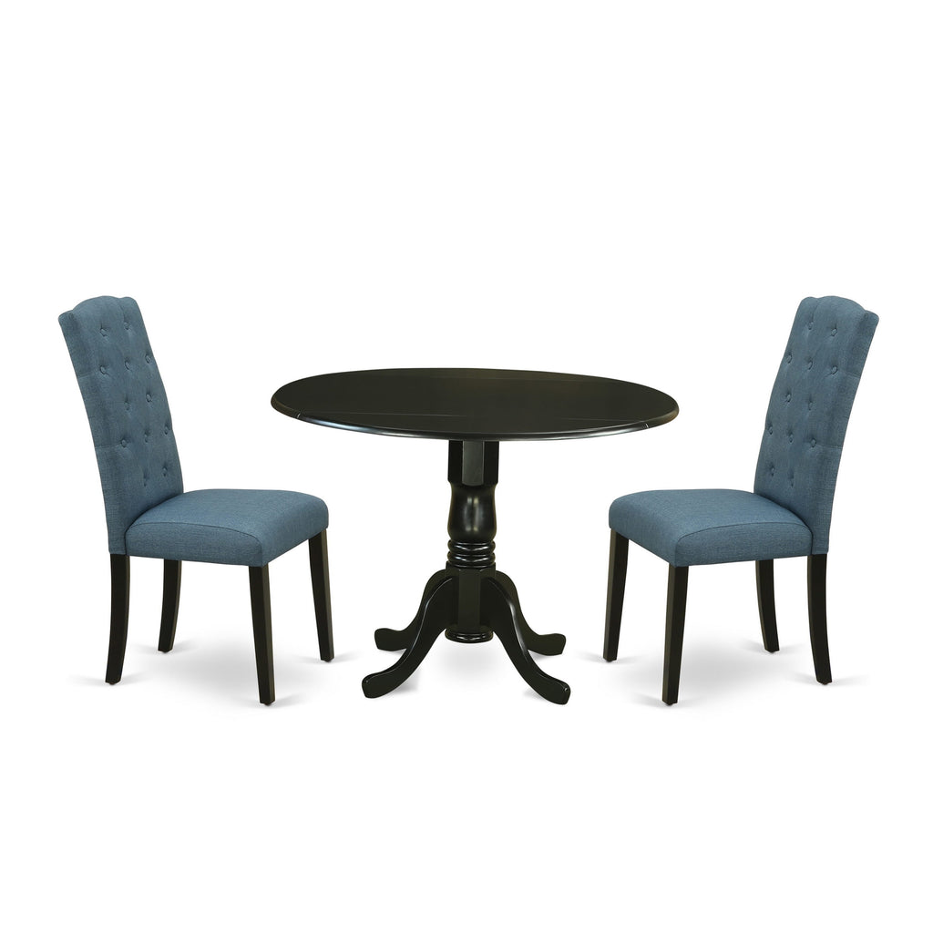 DLCE3-0BW-XY 3-Piece Dining Collection Dropleaf Table & Mineral Blue Chairs Upholstery, 42-Inch, Midnight