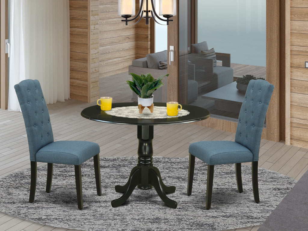 DLCE3-0BW-XY 3-Piece Dining Collection Dropleaf Table & Mineral Blue Chairs Upholstery, 42-Inch, Midnight