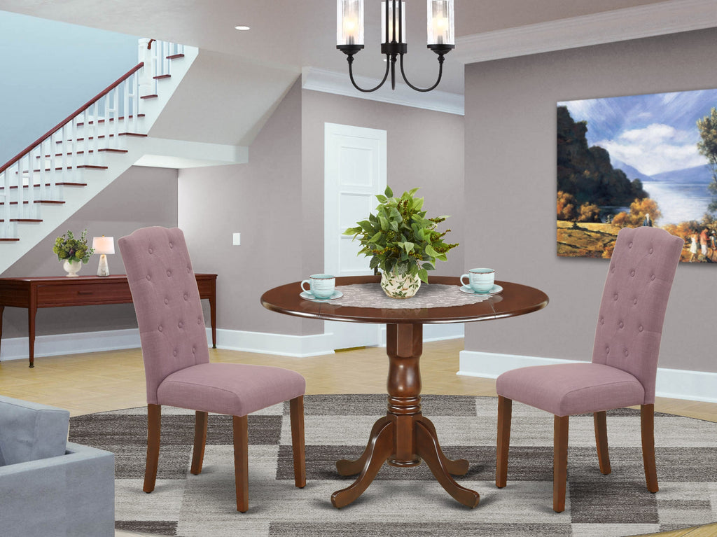 DLCE3-V4Z-Q1 Stylish 3-Piece Dining Set Compact Round Drop-leaf Table with 2 Cushioned Parsons Chairs - Perfect for Coziness in Any Space, Warm Tone