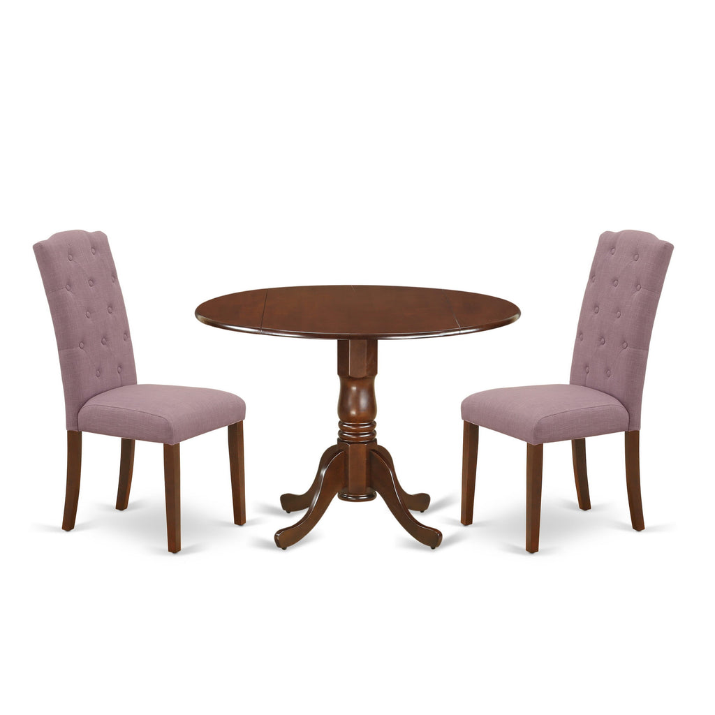 DLCE3-V4Z-Q1 Stylish 3-Piece Dining Set Compact Round Drop-leaf Table with 2 Cushioned Parsons Chairs - Perfect for Coziness in Any Space, Warm Tone