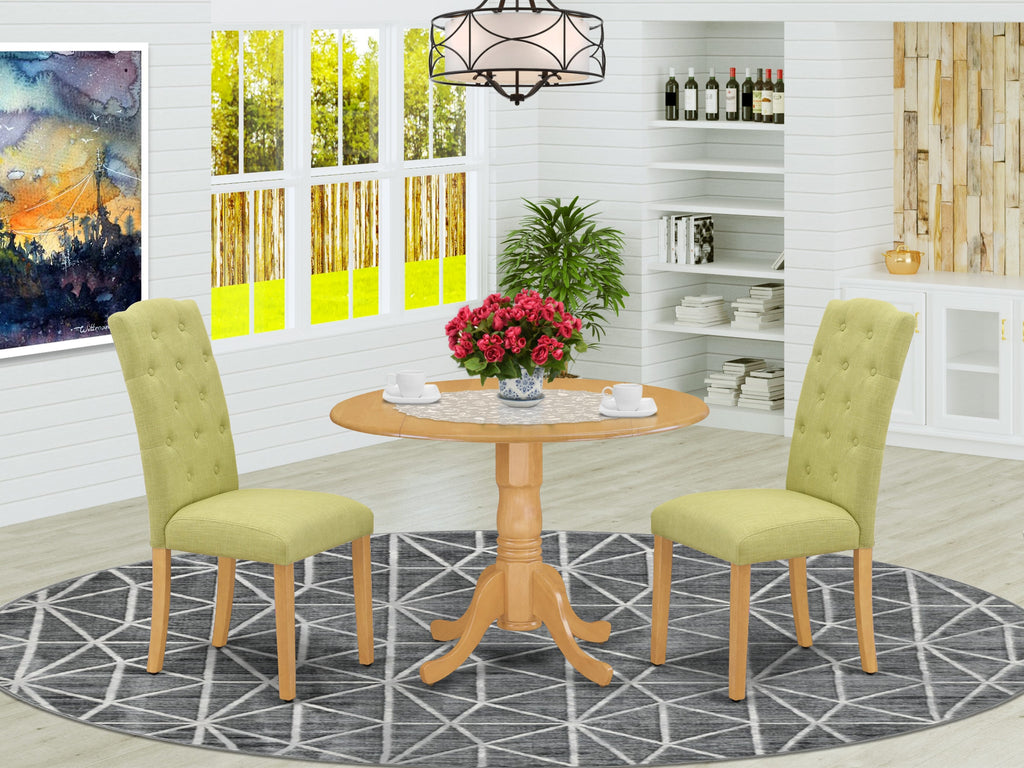 DLCE3-WMU-6D Elegant Three-Piece Dining Assembly with Round Drop Leaf Table and Dual Greenish Fabric Chairs, 42x42