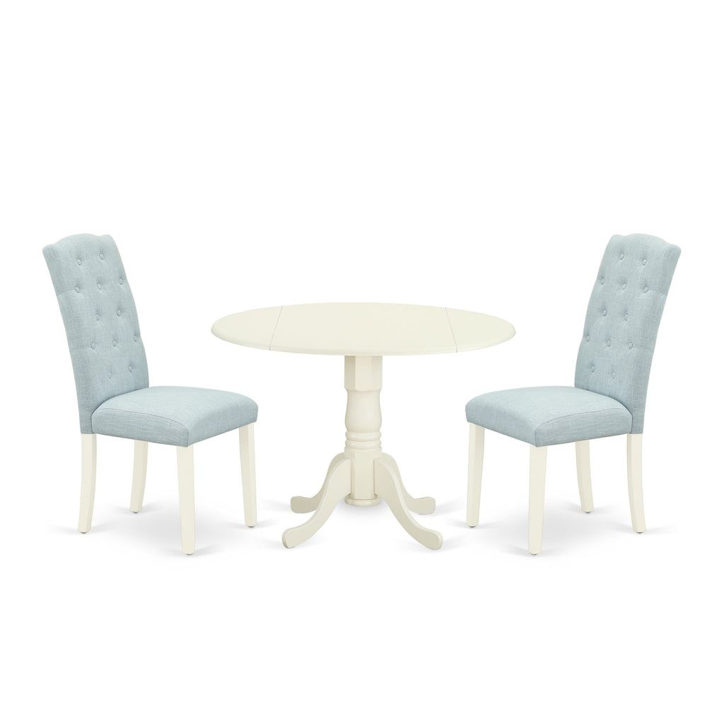 DLCE3-IN1-Y1 Complete 3-Piece Set Round Dropleaf Table with 2 Upholstered Baby Blue Chairs for Dining