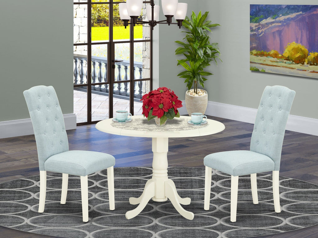 DLCE3-IN1-Y1 Complete 3-Piece Set Round Dropleaf Table with 2 Upholstered Baby Blue Chairs for Dining