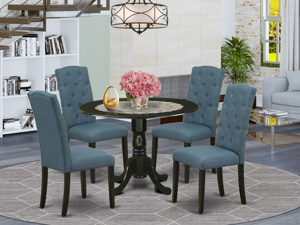 DLCE5-8G9-L6 5-Piece Kitchen Ensemble Round Dropleaf Table & 4 Blue Fabric Chairs, 42