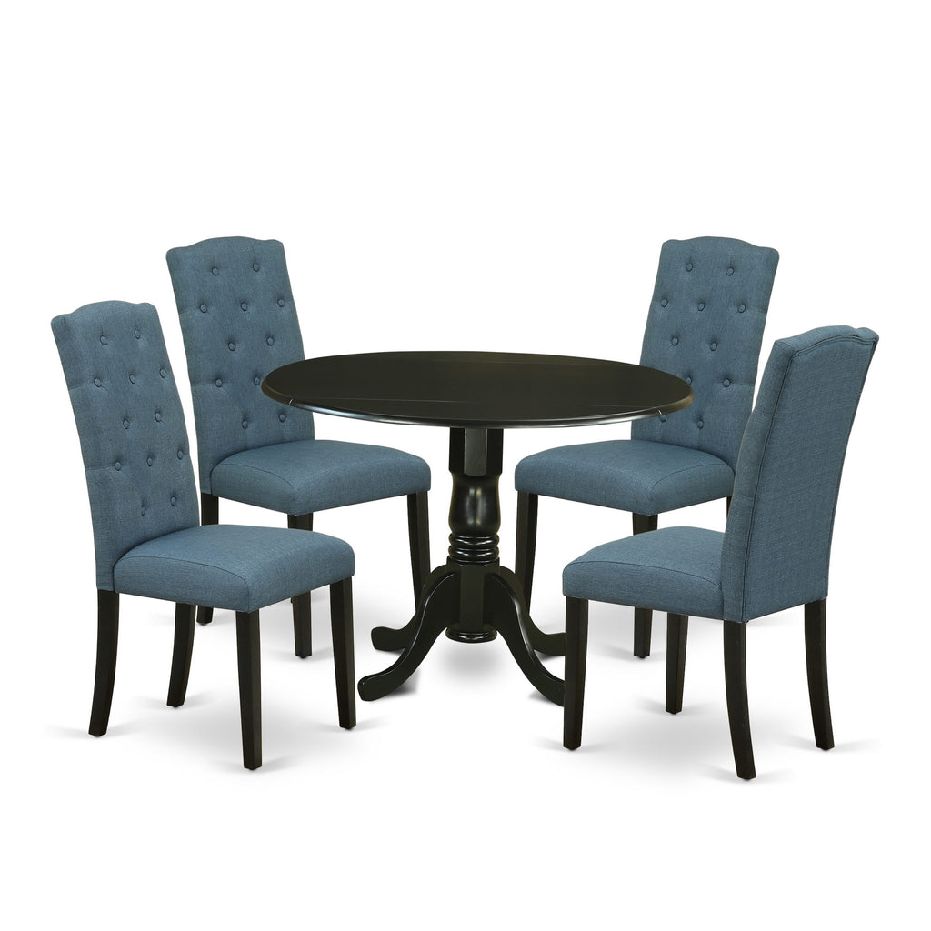 DLCE5-8G9-L6 5-Piece Kitchen Ensemble Round Dropleaf Table & 4 Blue Fabric Chairs, 42