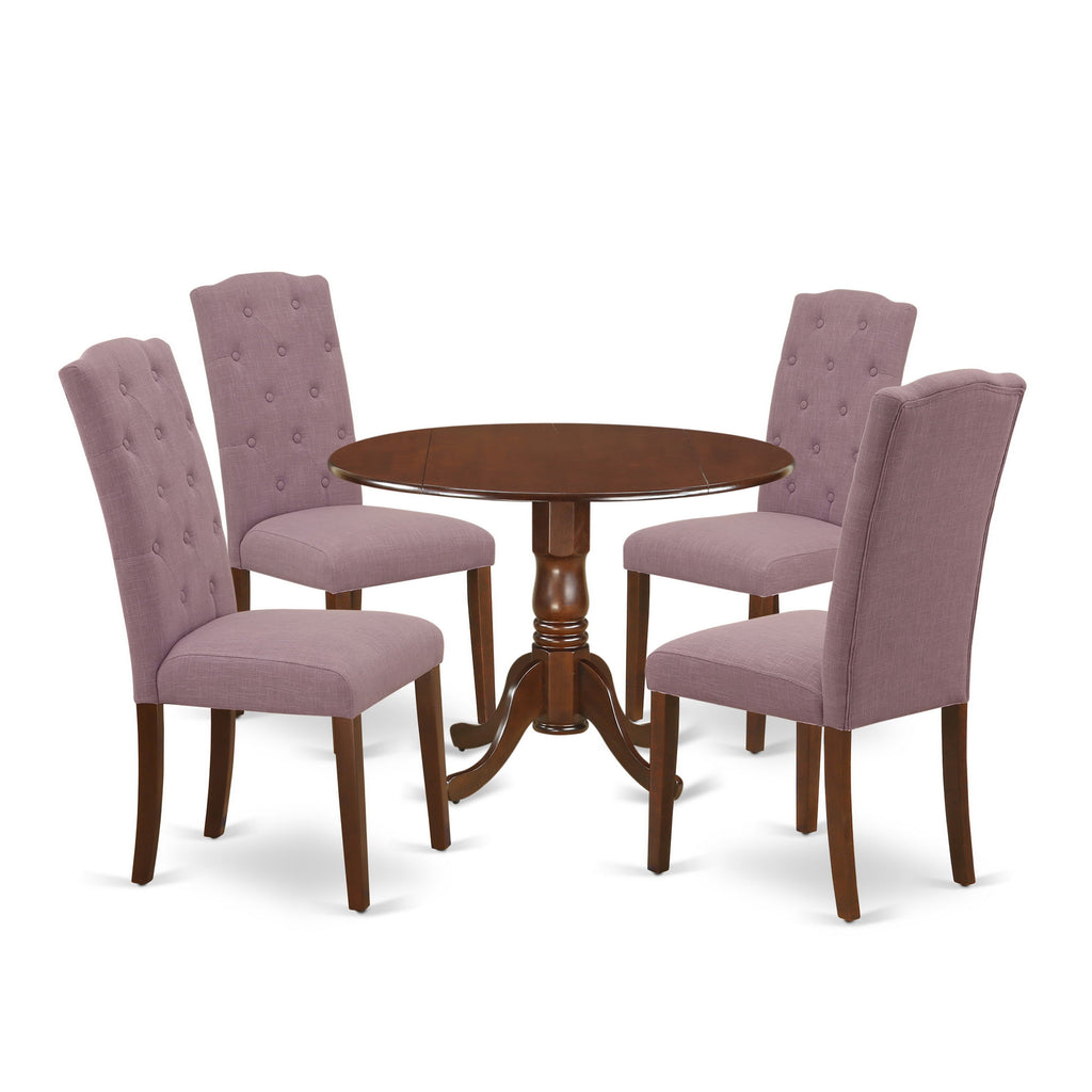 DLCE5-JX0-E5 5-Piece Dining Set Round Dropleaf Table & 4 Parson Chairs, Linen Fabric, 42x42 in Elegant Mahogany