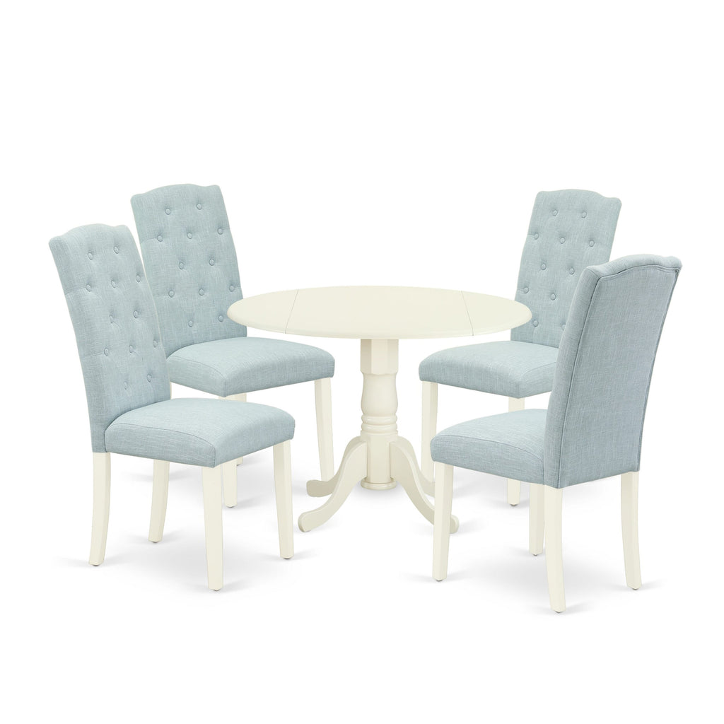 DLCE5-CW7-OC Elegant 5-Piece Dining Ensemble with Drop-leaf Table & Sky Blue Upholstered Chairs, Perfect for Cozy Spaces