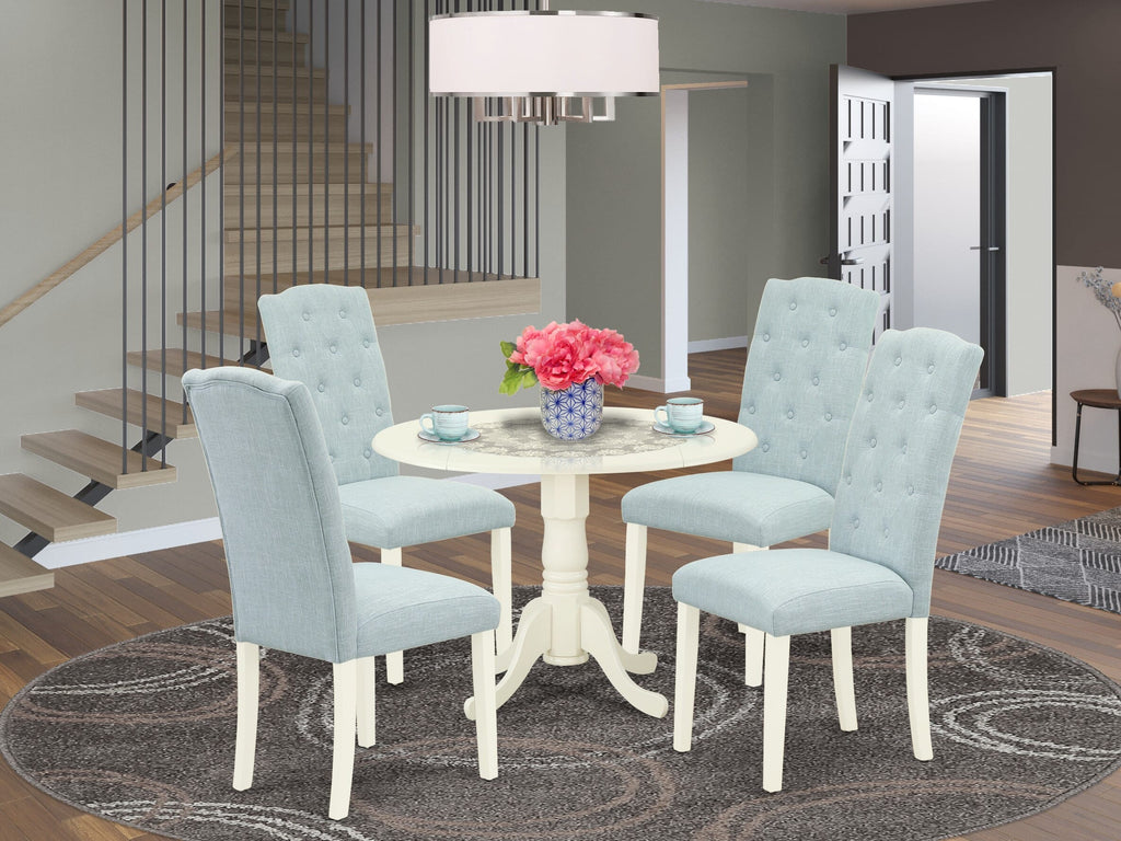 DLCE5-CW7-OC Elegant 5-Piece Dining Ensemble with Drop-leaf Table & Sky Blue Upholstered Chairs, Perfect for Cozy Spaces
