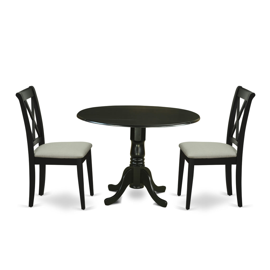 DLCL3-4JW-I Charming 3 Piece Dining Set with Round Dropleaf Table & 2 Cushioned Chairs, Black Elegance