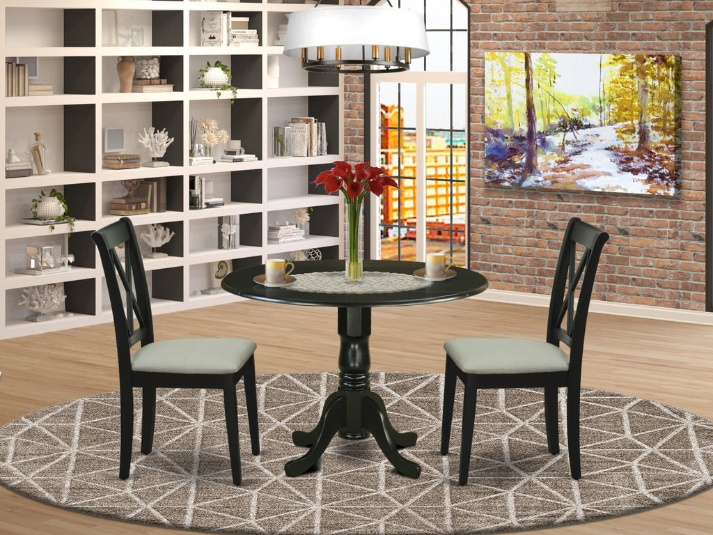 DLCL3-4JW-I Charming 3 Piece Dining Set with Round Dropleaf Table & 2 Cushioned Chairs, Black Elegance