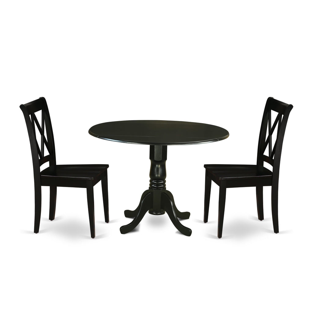 DLCL3-QUV-Z 3-Piece Compact Dining Ensemble with a Circular Dropleaf Table and Two Hardwood Chairs in 42 Black