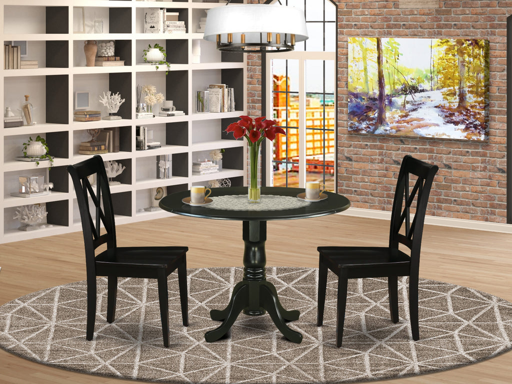 DLCL3-QUV-Z 3-Piece Compact Dining Ensemble with a Circular Dropleaf Table and Two Hardwood Chairs in 42 Black