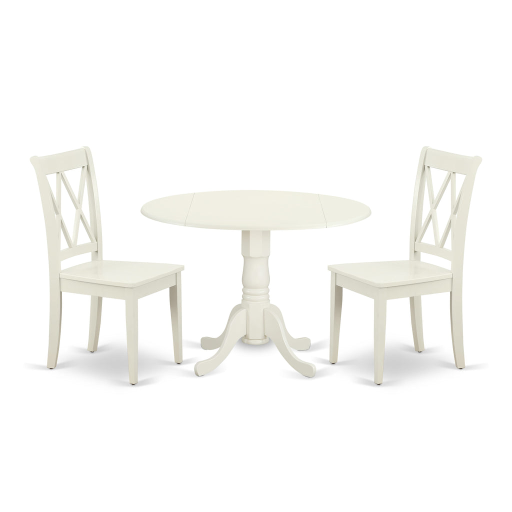 DLCL3-U1Z Dining Ensemble Sleek Round Table with Drop Leaf and Two Cozy Chairs, Ideal Linen White, 42in