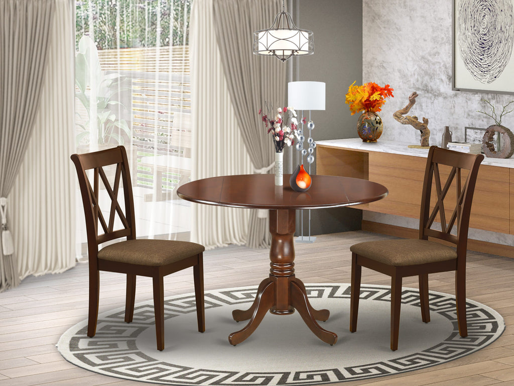 DLCL3-3HB-V Compact 3-Piece Set with Dropleaf Table and Upholstered Chairs for Cozy Dining Spaces, 42x42 Inch, Mahogany Elegance